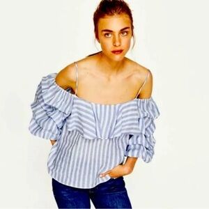 ZARA Striped Light Blue & White Off the Shoulder 3/4 Ruffled sleeves Crop Top, L